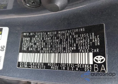 2016 Toyota Corolla Le из США, поврежденный, VIN 5YFBURHE4GP554692